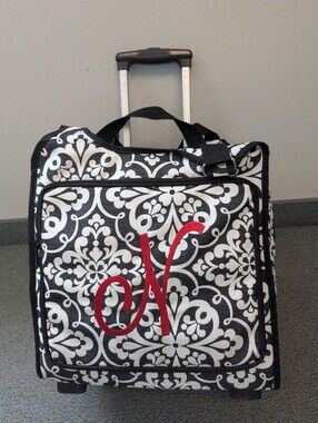 Thirty-One Black & White Damask Rolling Tote Bag/Carry On with Red Monogram